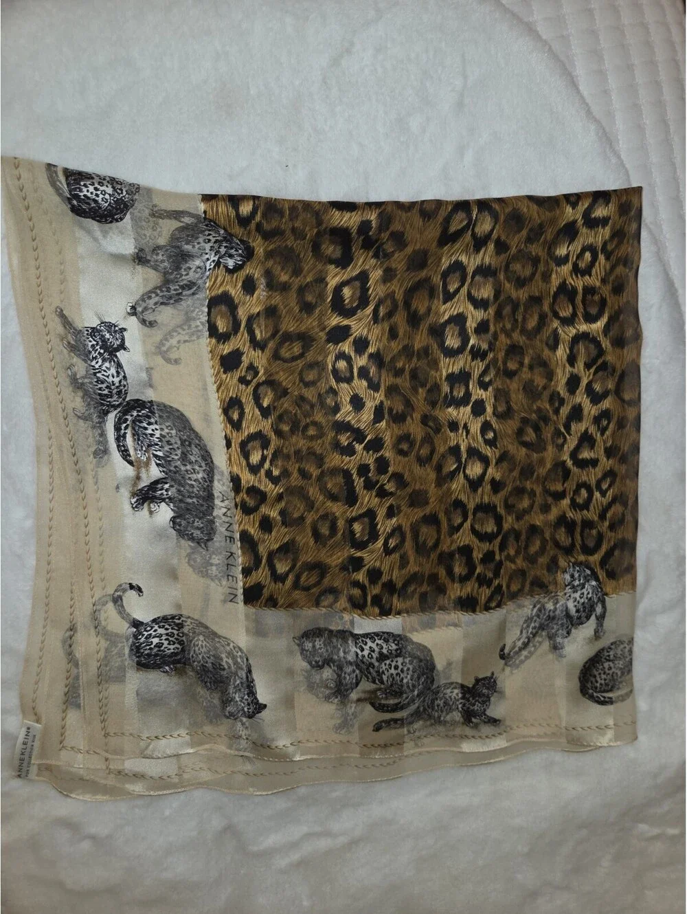 Anne Klein For Collection XIIX Brown Beige Leopard Animal Silk Scarf Vintage